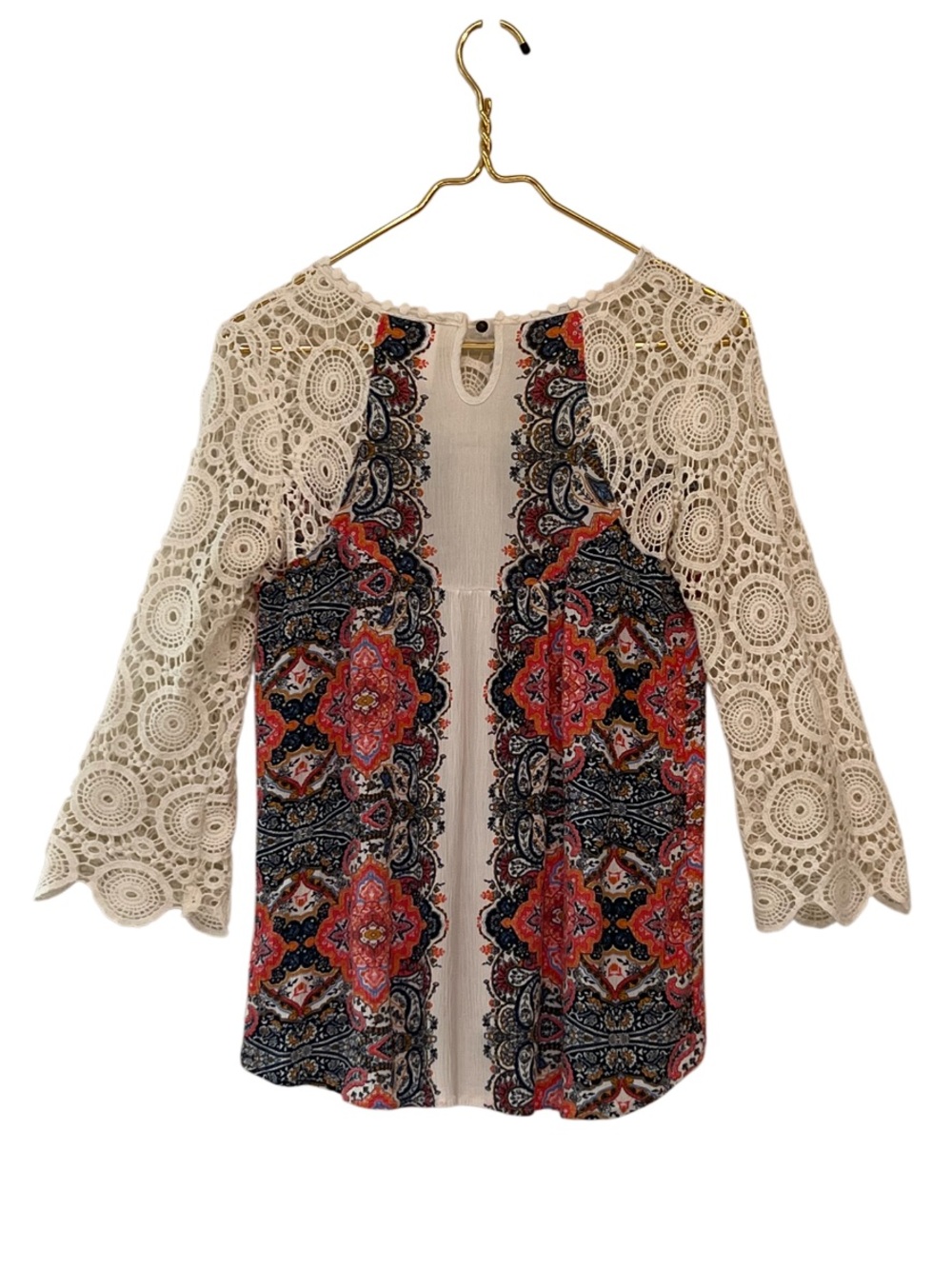 Xhilaration Paisley Print Crochet Lace Sleeve Blouse Keyhole Back Size S - Picture 3 of 8